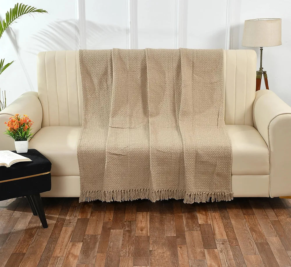 SASHAA WORLD Weaved Beige Cotton Throw | Ideal for Your Home, Living Room, Sofa, Bed, Chair, Picnic & Used for Gift | 130X180 cm| TC - 125