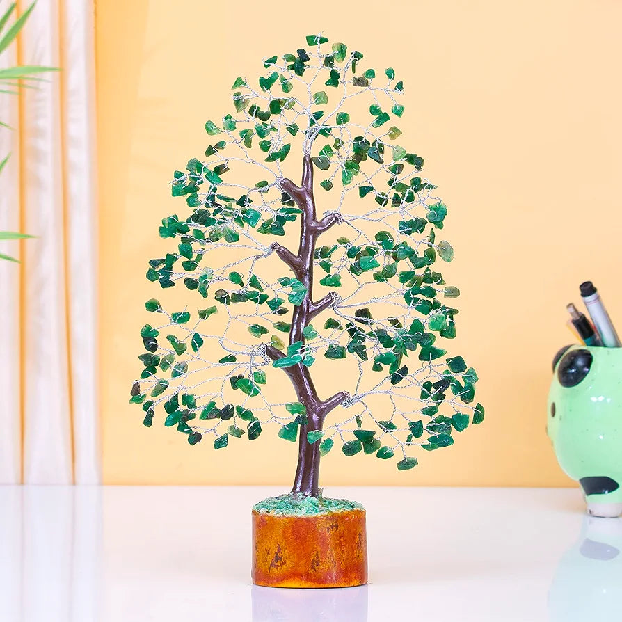 HindCraft Green Aventurine Crystal Tree Good Luck Showpiece for Home Decor Items Crystals Gemstones Bonsai Money Tree for Good Luck, Decoration Gift Item, Silver Wire, 10-12 inch