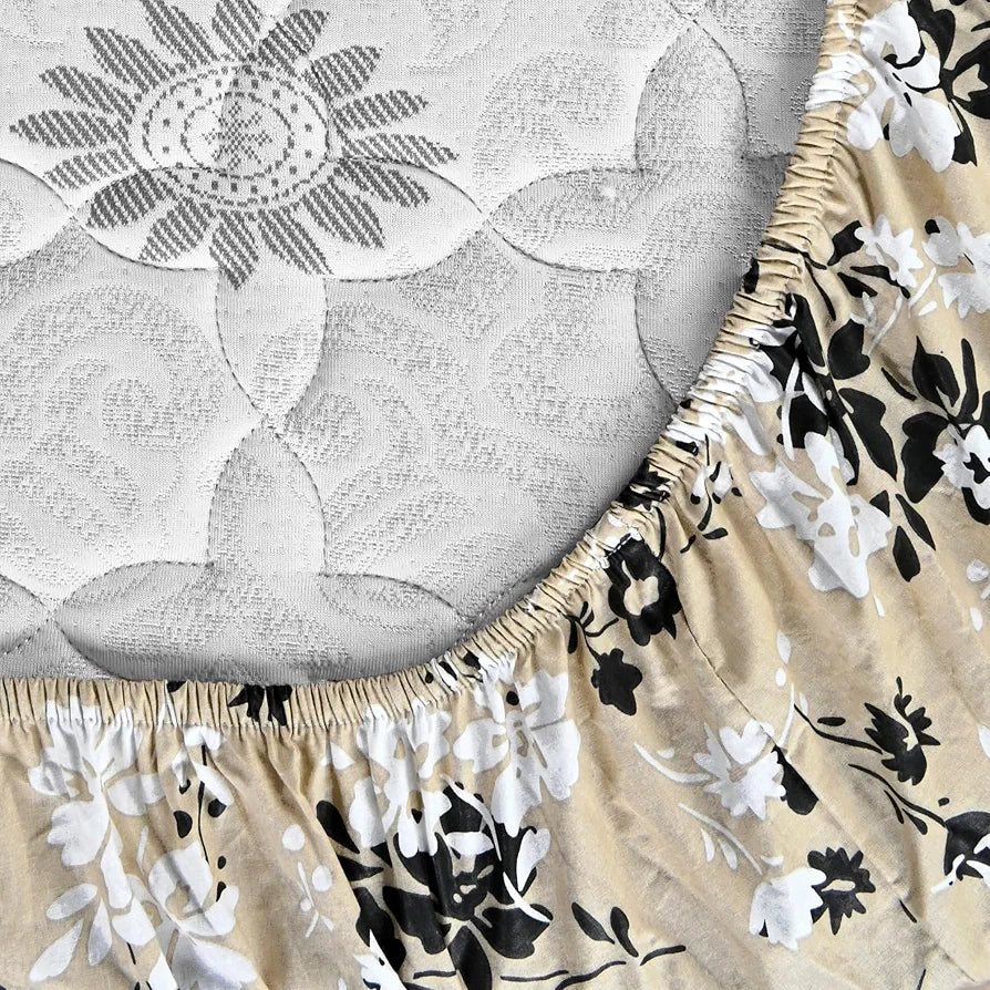 Divine Casa Floret 100% Cotton Double Fitted Bedsheet | 144 TC | Deep Pocket Design | Soft & Breathable Fabric | Durable & Easy Care | 200 x 150 + 25 CM, Ivory Sunflowers