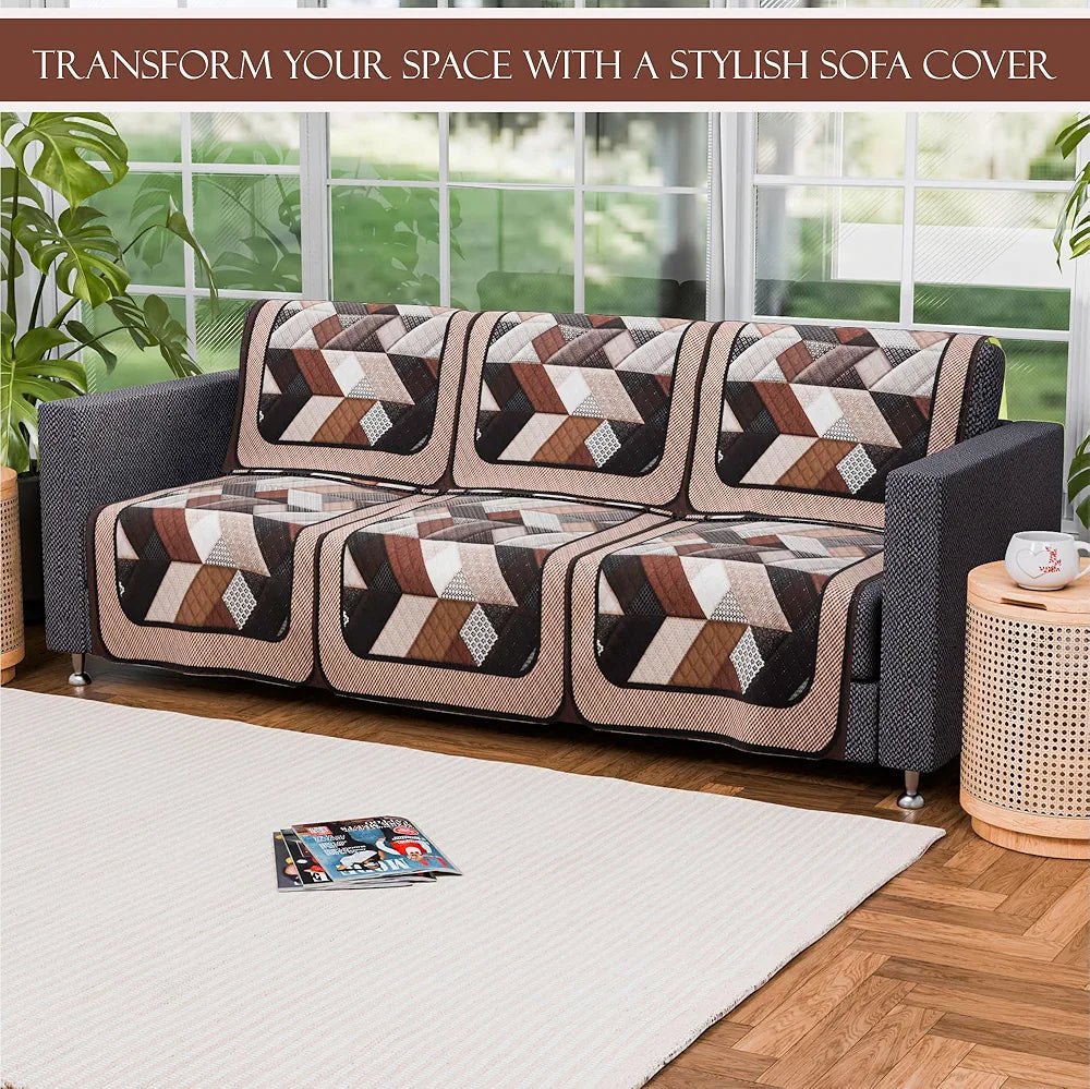 Kuber Industries Set of 6 Velvet 3 Seater Sofa Covers for Living Room | Easy Machine Washable Sofe ke cover for Home Comfort | Triangular-Cream & Brown