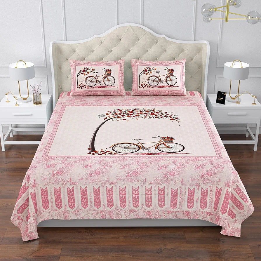 Kuber Industries Double Bedsheet with 2 Pillow Covers | 160 TC Premium Cotton Bedsheet for Double Bed | Bedsheet for Living Room-Home & Hotels | Photo Frame Cycle | 100x108 Inch | Pink