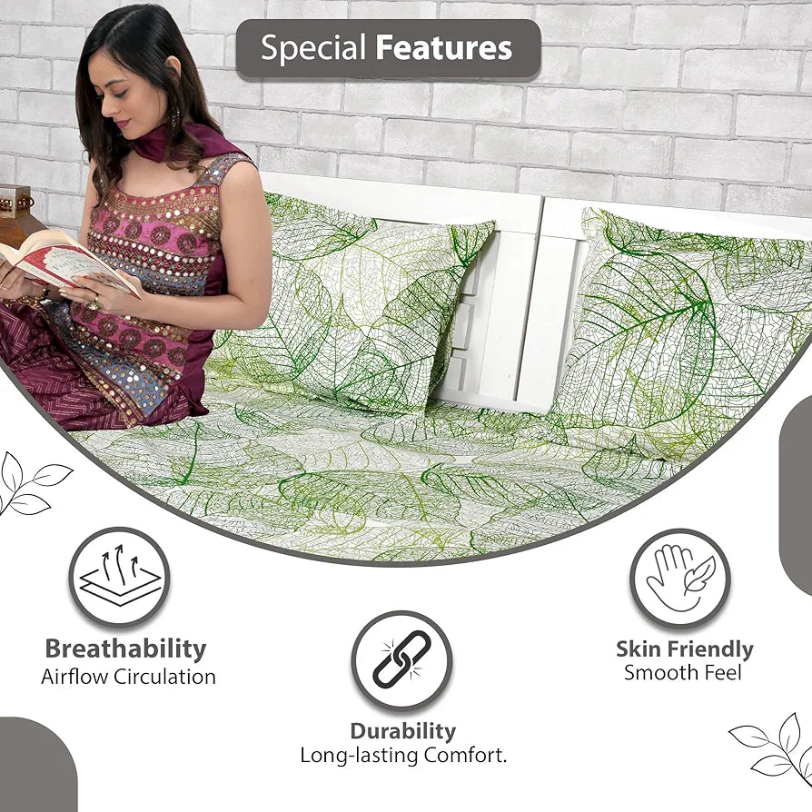 Divine Casa 144 TC Cotton Bedsheet for Double Bed | 100% Cotton – Sage Green Floral Print | Soft & Breathable | Size 222 x 254 cm | with 2 Pillow Covers | Everyday Use