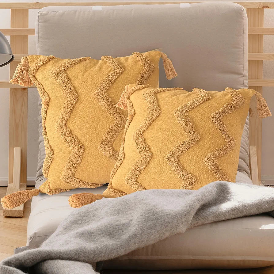 SASHAA WORLD Honey Chevron Tufted Cushion Cover with Tassels | Embrace Elegance and Comfort in Your Home Décor | Cushion Cover for Living Room/Bed/Sofa/Chair | 45X45 Cm