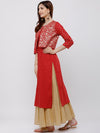 Vishudh Red Foil Print Cotton Straight Kurta With Crop Jacket