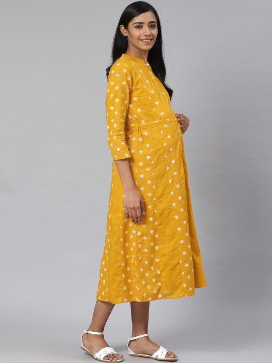 Women Mustard Yellow & Off-White Printed Pure Cotton Maternity A-Line Dress