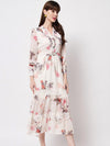 Here&now Off White & Red Floral Tie-Up Neck Layered Chiffon A-Line Midi Dress