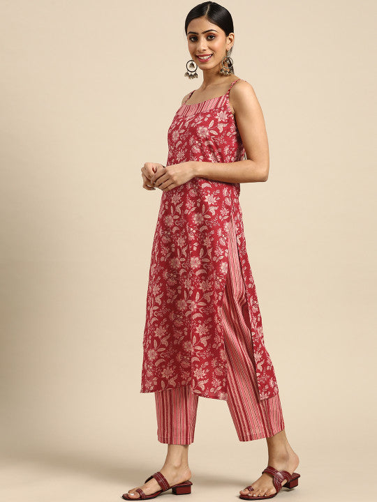 Women Red & Off-White Ethnic Motifs Printed Pure Cotton Kurta with Trousers