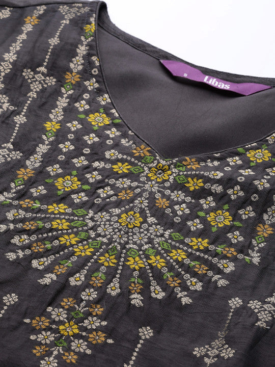 Libas Women Charcoal Grey & Mustard Yellow Ethnic Zari Straight Kurta Trousers Dupatta