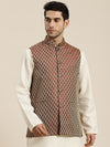 Sojanya Men Maroon & Beige Woven Design Jacquard Silk Nehru Jacket