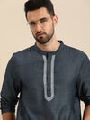 Anouk Men Grey & White Embroidered Pure Cotton Kurta