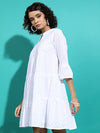 Vishudh White Embroidered Bell Sleeves Tiered A-Line Dress