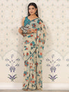 House of Pataudi Off White & Teal Floral Printed Pure Georgette Saree