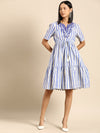 All about you White & Blue Striped Flared Sleeve A-Line Midi Dress