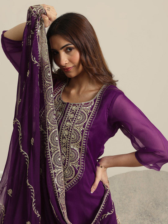 Libas Women Ethnic Motifs Yoke Design Regular Thread Work Kurta with Trousers & With Dupatta