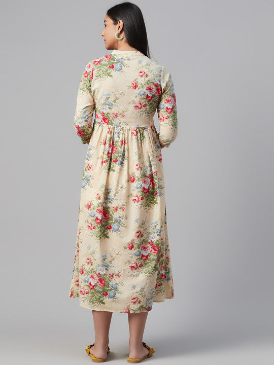 Women Beige & Pink Floral Print Maternity A-Line Dress