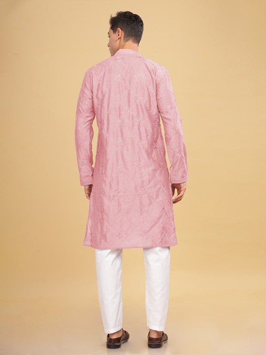 Anouk Pink Ethnic Motif Embroidered Band Collar Cotton Straight Kurta