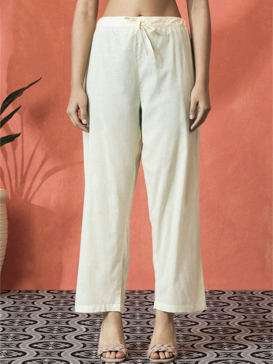 Sangria Floral Embroidered Mandarin Collar Cotton A-Line Kurta With Trouser & Dupatta