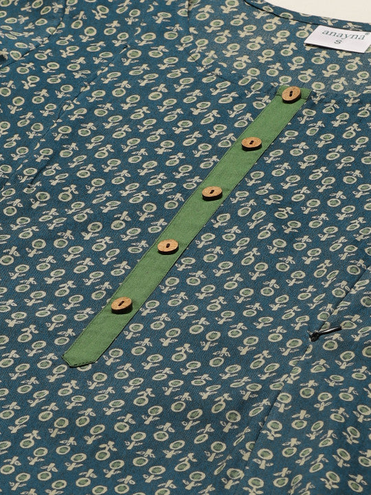 Women Navy Blue & Green Block Print A-Line Maternity Kurta