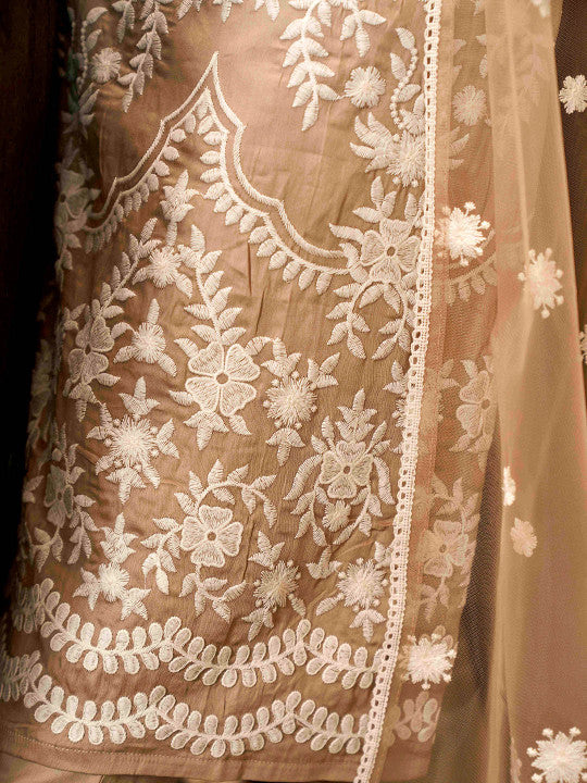 Floral Embroidered Chikankari Pure Cotton Kurta with Trousers & Dupatta