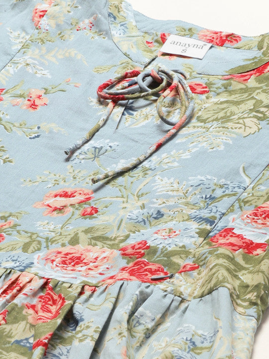 anayna Blue & Green Floral Printed Pure Cotton Maternity A-Line Dress