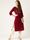 Shae by Sassafras Maroon & Golden Yoke Design Straight Velvet Finish Kurta