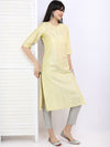 Vishudh Women Yellow & Silver-Toned Printed Keyhole Neck Straight Kurta