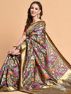 Sangria Grey & Orange Ethnic Motifs Zari Silk Blend Heavy Work Banarasi Saree