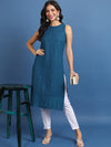 Vishudh Teal Floral Embroiderd Sequinned Sleeveless Straight Kurta