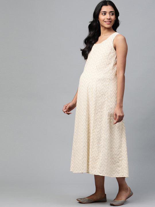 anayna Maroon & Golden Block Print Cotton Layered Maxi Nursing Dress