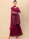 Soch Women Magenta Floral Embroidered Beads and Stones Kurta with Sharara & Dupatta - L