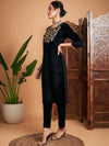 Shae by Sassafras Black Floral Yoke Design Thread Work Detail Velvet Straight Kurta