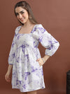 Vishudh White Floral Printed Square Neck Puff Sleeves Fit And Flare Dress