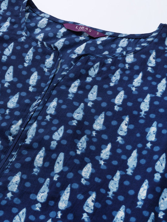Libas Women Blue Printed Pure Cotton Kurta with Palazzos & Dupatta