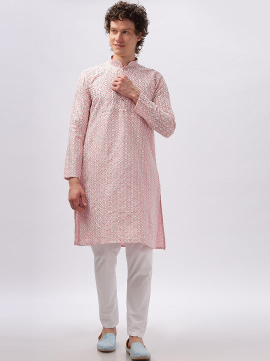 Anouk Pink Ethnic Motifs Embroidered Mandarin Collar Cotton Straight Kurta