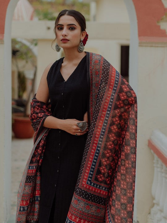 anayna Women Black Ethnic Motifs Pure Cotton Kurta with Palazzos & Dupatta