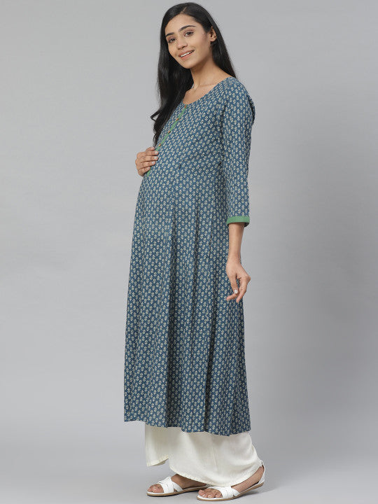 Women Navy Blue & Green Block Print A-Line Maternity Kurta