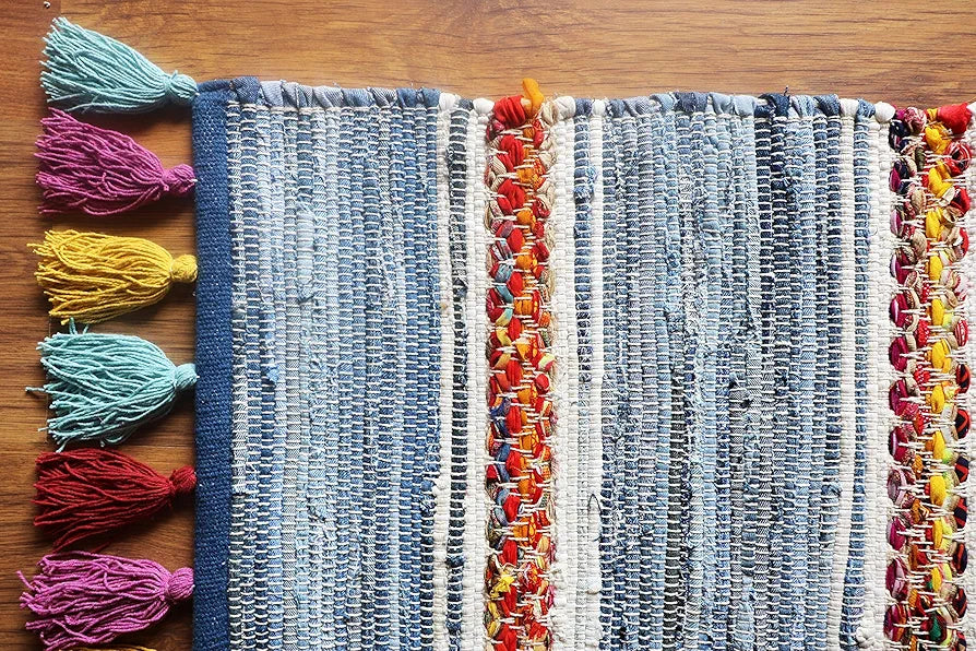 THE HOME TALK Handmade Cotton Carpets | Tribal Contemporary Decorators | Area Rugs for Bedroom, Center Table, Living Room, Drawing Room, Hall | Machine Washable | 90x150 cm | Denim Blue