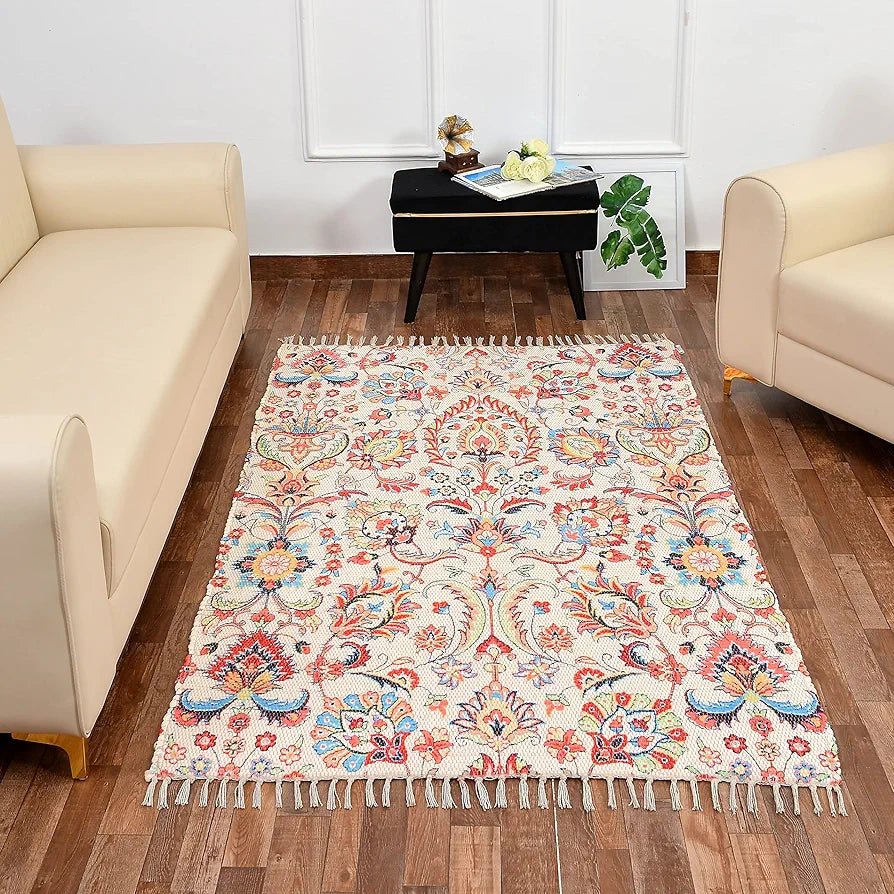 HOMADORN Handmade Sustainable Printed Modern Dhurrie/Rugs/Carpet upcycled from Scrap Fabric for Living Room/Bedside Runner for Enhanced Decor 
