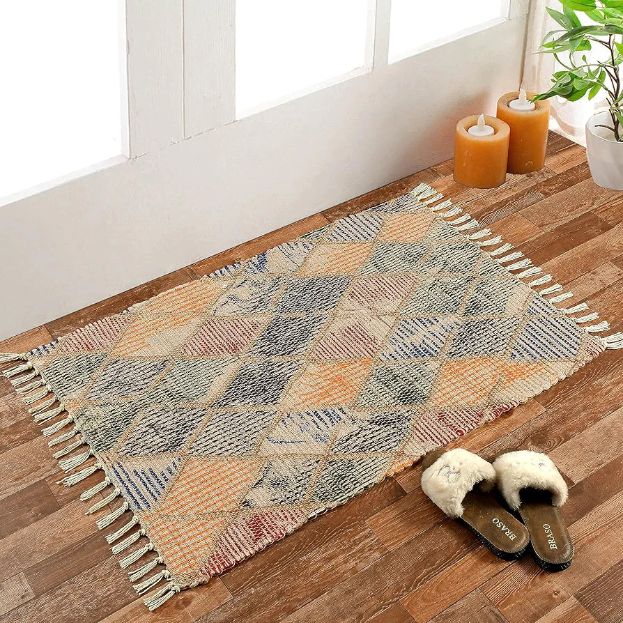 HOMADORN Handmade Sustainable Printed Modern Dhurrie/Rugs/Carpet Upcycled from Fabric for Living Room/Bedside Runner for Enhanced Décor 