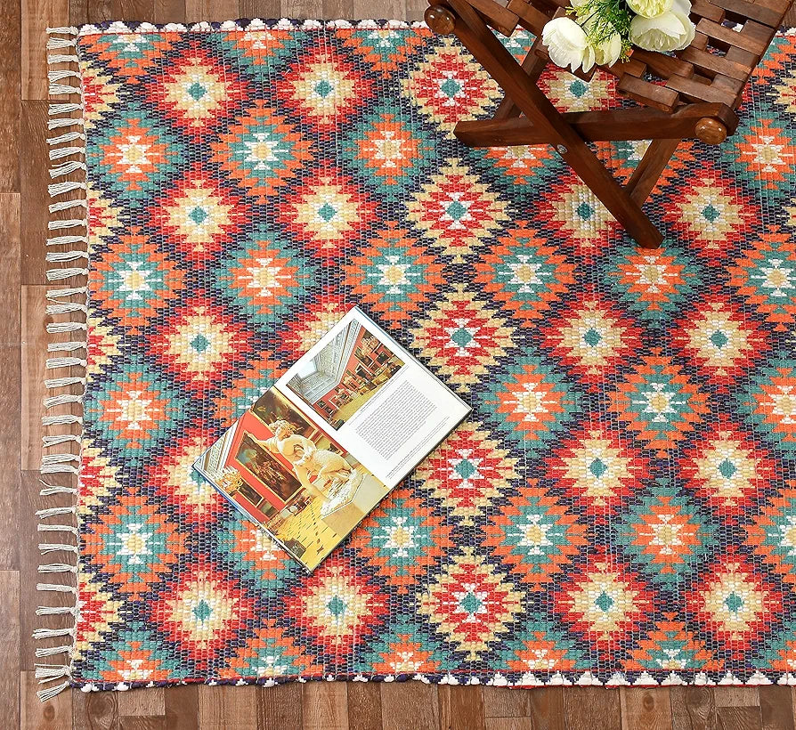 HOMADORN Handmade Sustainable Printed Modern Dhurrie/Rugs/Carpet upcycled from Scrap Fabric for Living Room/Bedside Runner for Enhanced Decor 