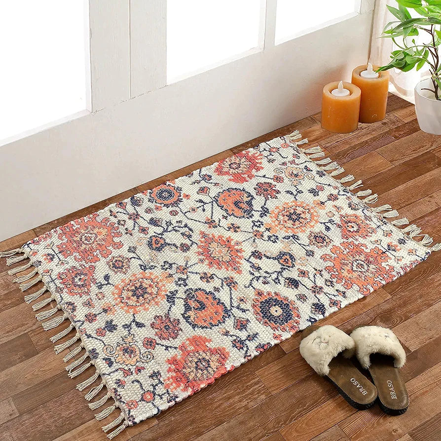 HOMADORN Handmade Sustainable Printed Modern Dhurrie/Rugs/Carpet upcycled from Scrap Fabric for Living Room/Bedside Runner for Enhanced Decor 