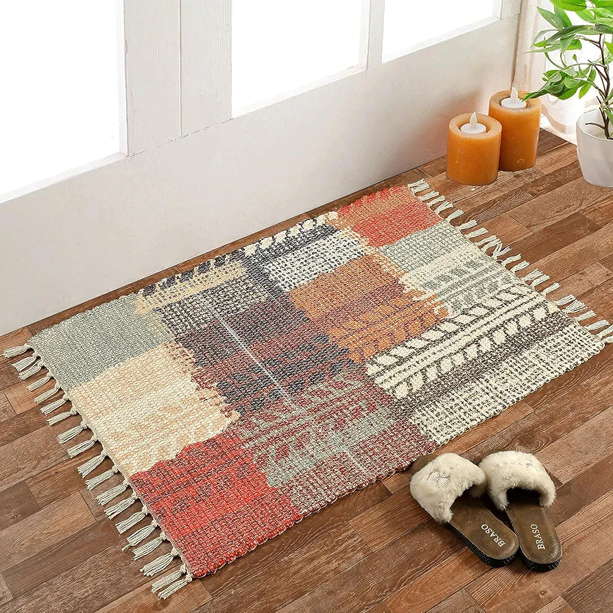 HOMADORN Handmade Sustainable Printed Modern Dhurrie/Rugs/Carpet Upcycled from Fabric for Living Room/Bedside Runner for Enhanced Décor 
