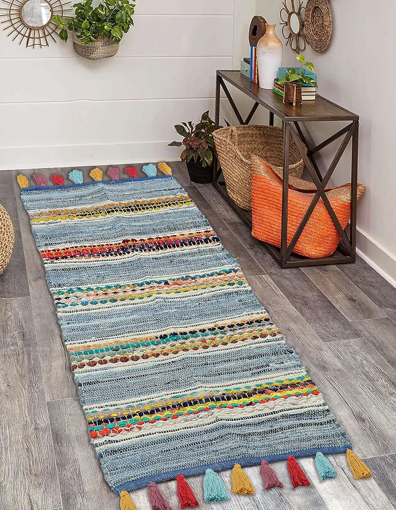 THE HOME TALK Cotton Chindi Rug | Denim Weived | Carpets for Bathroom, Entrance Door, Kitchen, Entry Gate, Living Room | Recycled Thread Weave Rug | Anti-Skid | 2 x 5 Feet | Denim Blue