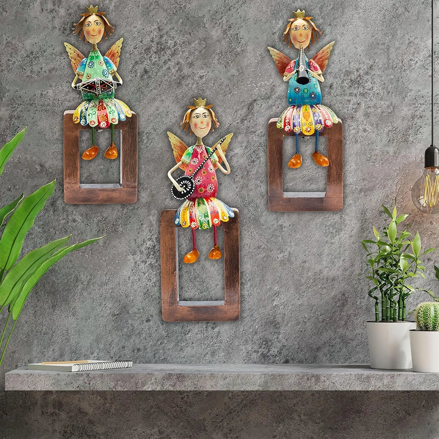 KRAFTSKALA Angel Musician Statues – Set of 3 | Handcrafted Metal & Wood | Wall Hanging, Shelf Display, Tabletop Home Decor Gift Item
