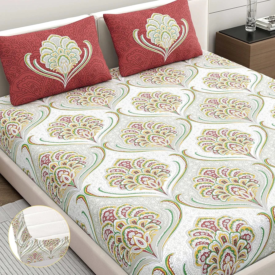 Dreamscape 100% Cotton King Fitted Printed Bedsheet with 2 Pillow Covers - 