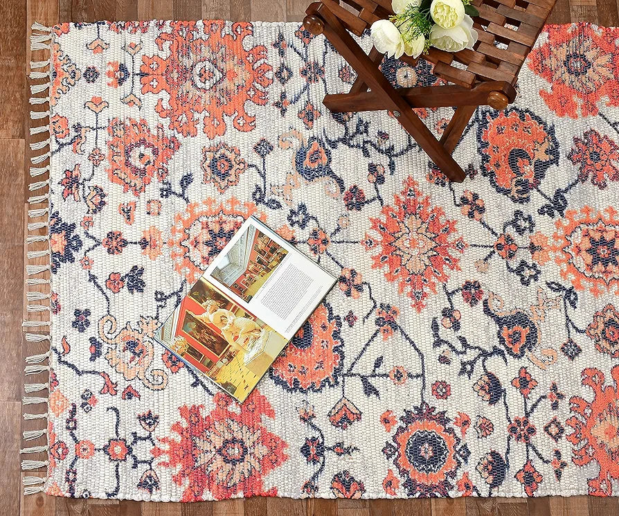HOMADORN Handmade Sustainable Printed Modern Dhurrie/Rugs/Carpet upcycled from Scrap Fabric for Living Room/Bedside Runner for Enhanced Decor 
