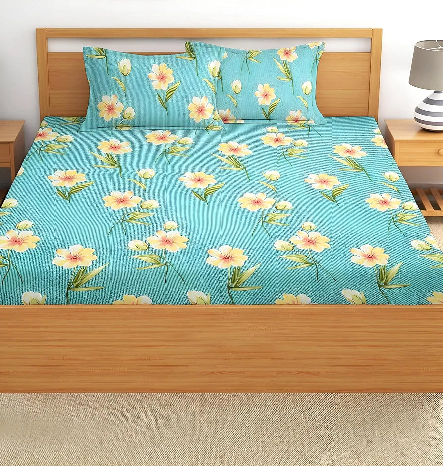 Polycotton 220 TC Floral Printed King Size Double Bedsheet with 2 Pillow Covers, (90 x 90 Inches, Themis