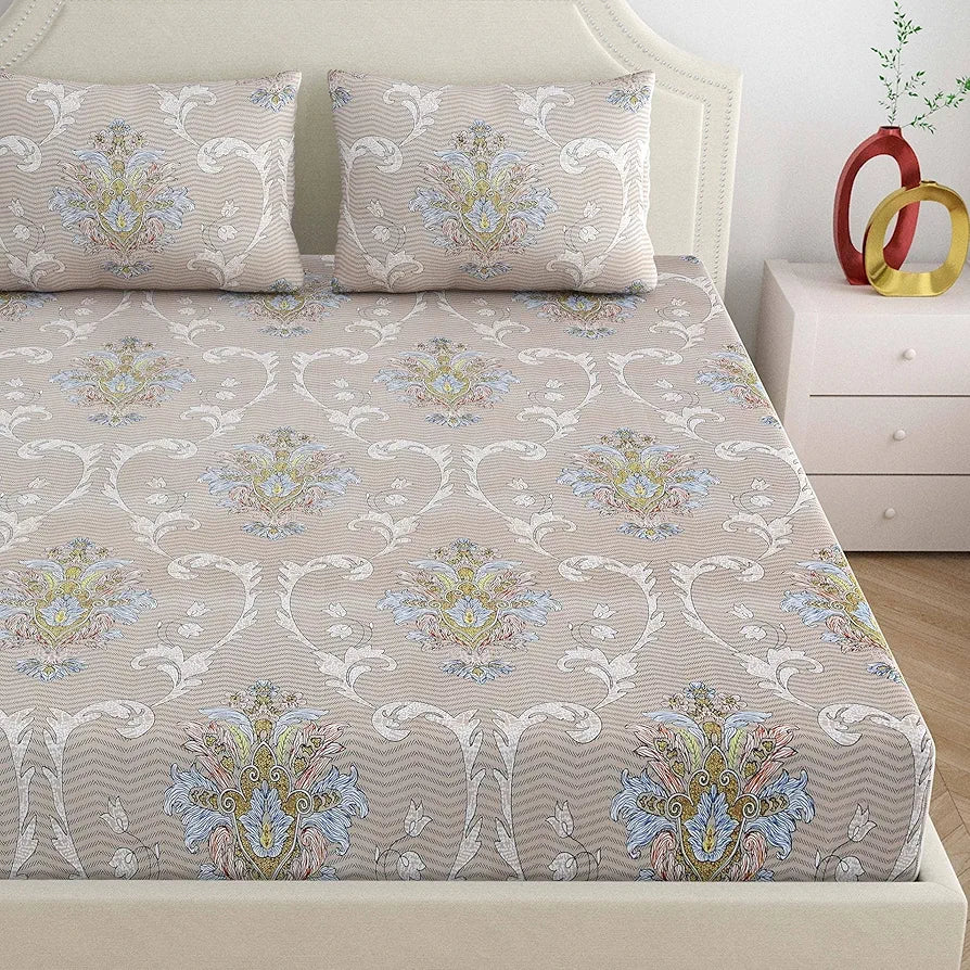 Dreamscape Microfibre Wrinkle & Fade Resistant Fitted Bedsheet for King Bed, 140TC, 1 Fitted Bed Sheet  with 2 Pillow Covers, Beige