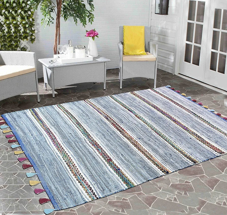 THE HOME TALK Cotton Chindi Rug | Denim Carpets for Living Room, Hallway, Bedroom, Dining Room | Recycled Thread Weave Rug | Multi-Purpose Carpets | Anti-Skid | 5 x 8 Feet | Denim Blue
