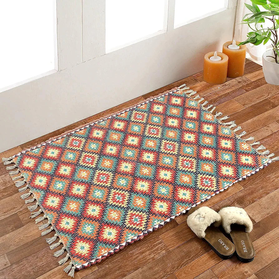 HOMADORN Handmade Sustainable Printed Modern Dhurrie/Rugs/Carpet upcycled from Scrap Fabric for Living Room/Bedside Runner for Enhanced Decor 